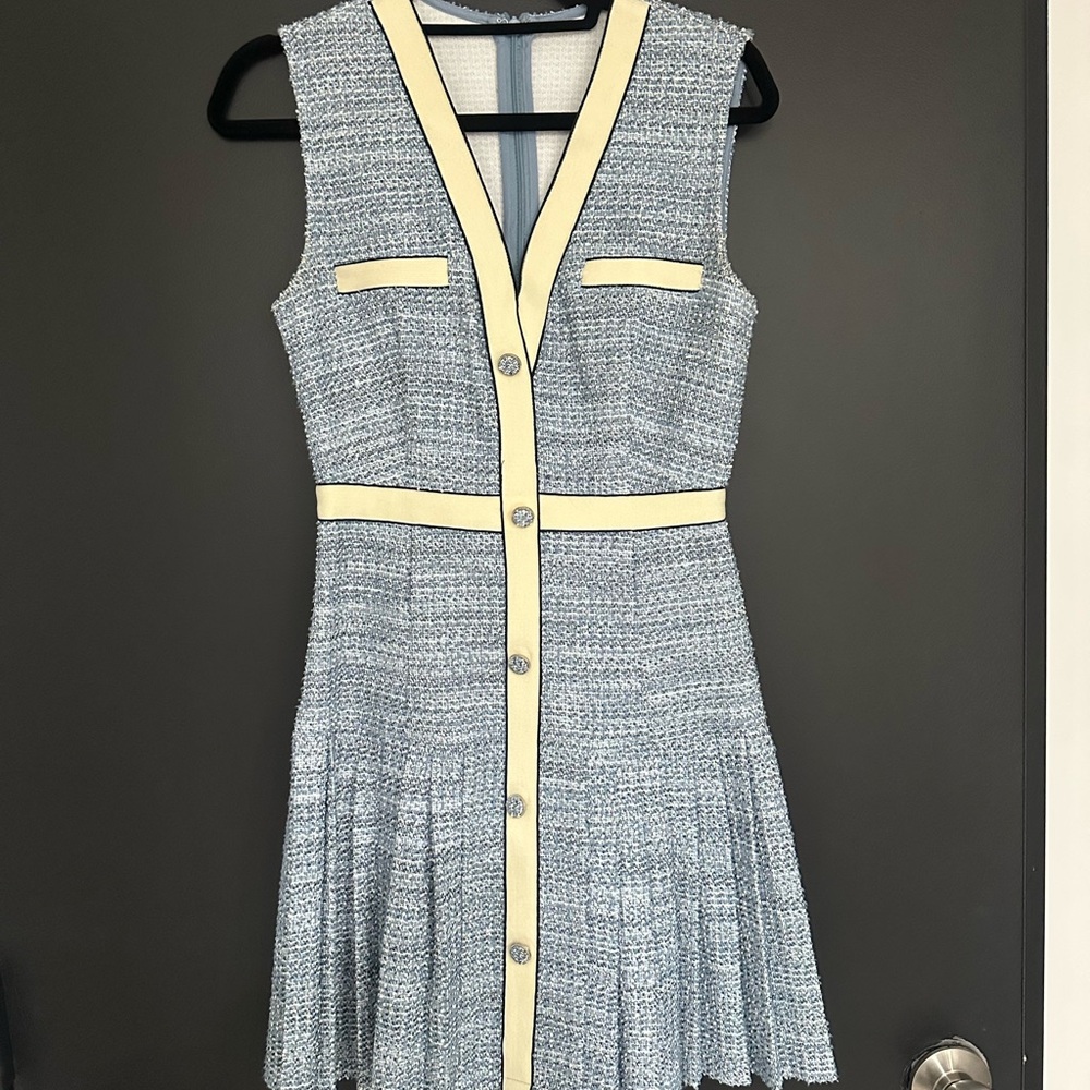 Elegant Blue and Cream Tweed Dress